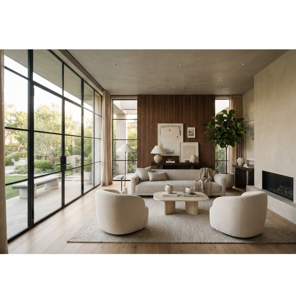 Warm, sunlit modern living room designed by Vantage Interiors
