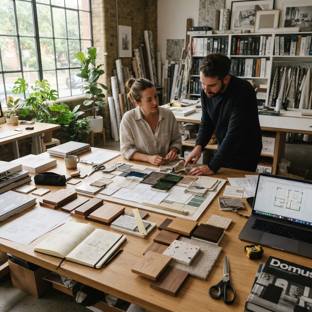 Vantage Interiors studio workspace with material samples and mood boards